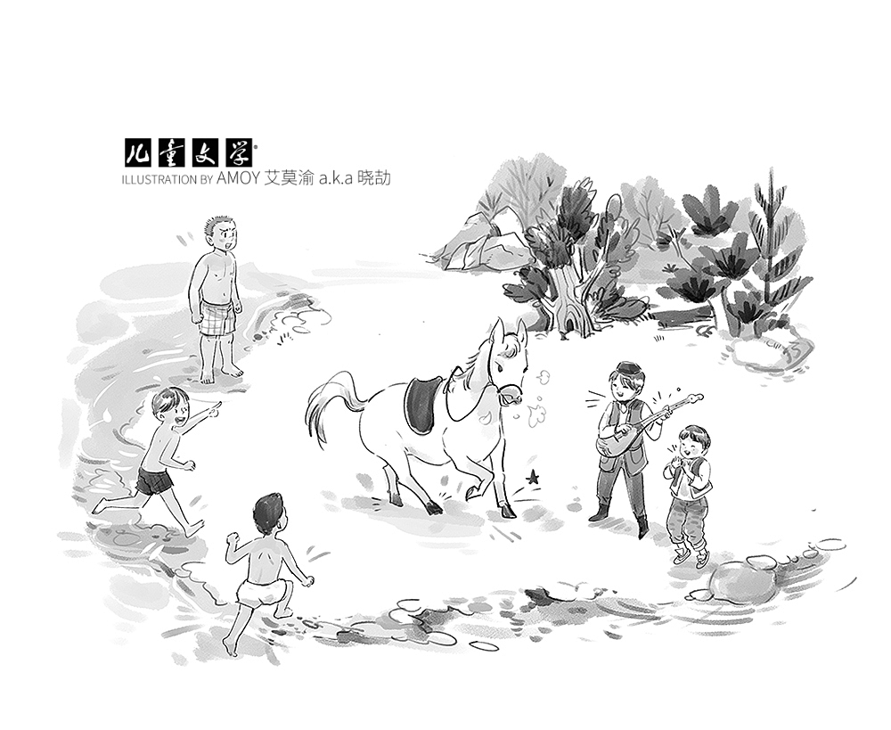 额尔齐斯河男孩 下
<br>上期回顾:阿拜和阿肯哈伊娜阿姨的儿子塞力克成了朋友。但塞力克并不能一直停留,他要把母亲的歌四处传唱。阿拜将自己的小白马送给塞力克,希望他能常常回到这里来。两个月过去,夏天到来,塞力克和小白马还好吗?<br><br>1人们正在疑惑,塞力克已经回到阿拜身边,接过冬不拉,弹起节奏欢快的旋律。再看那匹白马,听到琴声的召唤,一跃而起,撒开四蹄,呼啦啦跑回来了。<br> “跳舞吧,小白马!”<br> 塞力克弹起冬不拉,节奏感很强,白马真的伴着琴声,抬动四蹄,咯嗒咯嗒,踏在了节拍上。<br> 马戏团才有这样的神驹吧?大家都看傻了。<br> 努尔汗呆立着,像半截木桩。他家有一群马,他自己也有一匹心爱的雪花青,养得膘肥体壮,那匹马的本领除了耐力强,跑得快,却不会跳舞,更听不懂音乐。<br> “青鬃雪蹄枣骝马,赤炭火焰大红马,白鼻流星乌骓马,金毛狮子黄骠马,全都不如我的小白马,哎嘿嘿,尖尖两耳耸立,闪闪毛滑如漆,俊眼闪光彩,长鬃千条丝,它有好舞姿……”塞力克放开清亮的歌喉,边弹边唱。<br> 大家不游泳了,都围过来看白马舞蹈。