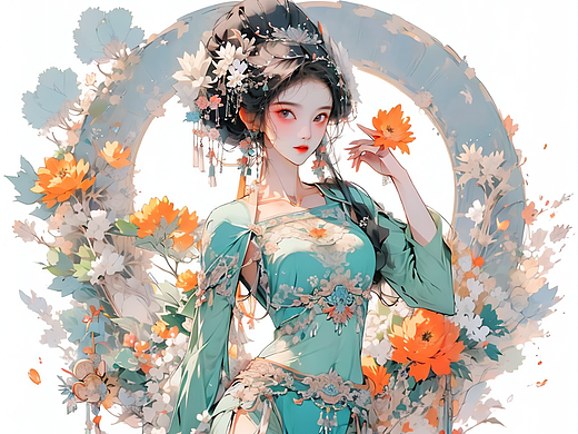 国风插画|古风插画|古风|藏在花海里的东方美女