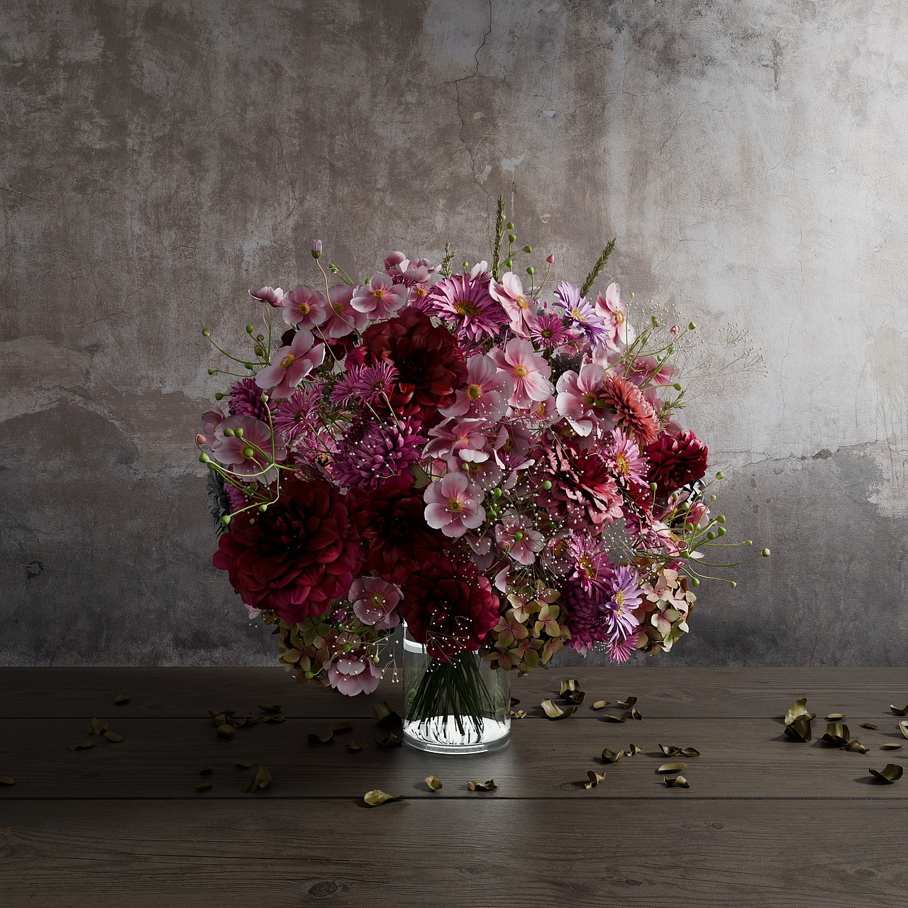 墙面漫反射的表现、地面光泽的表现、叶片光泽的表现