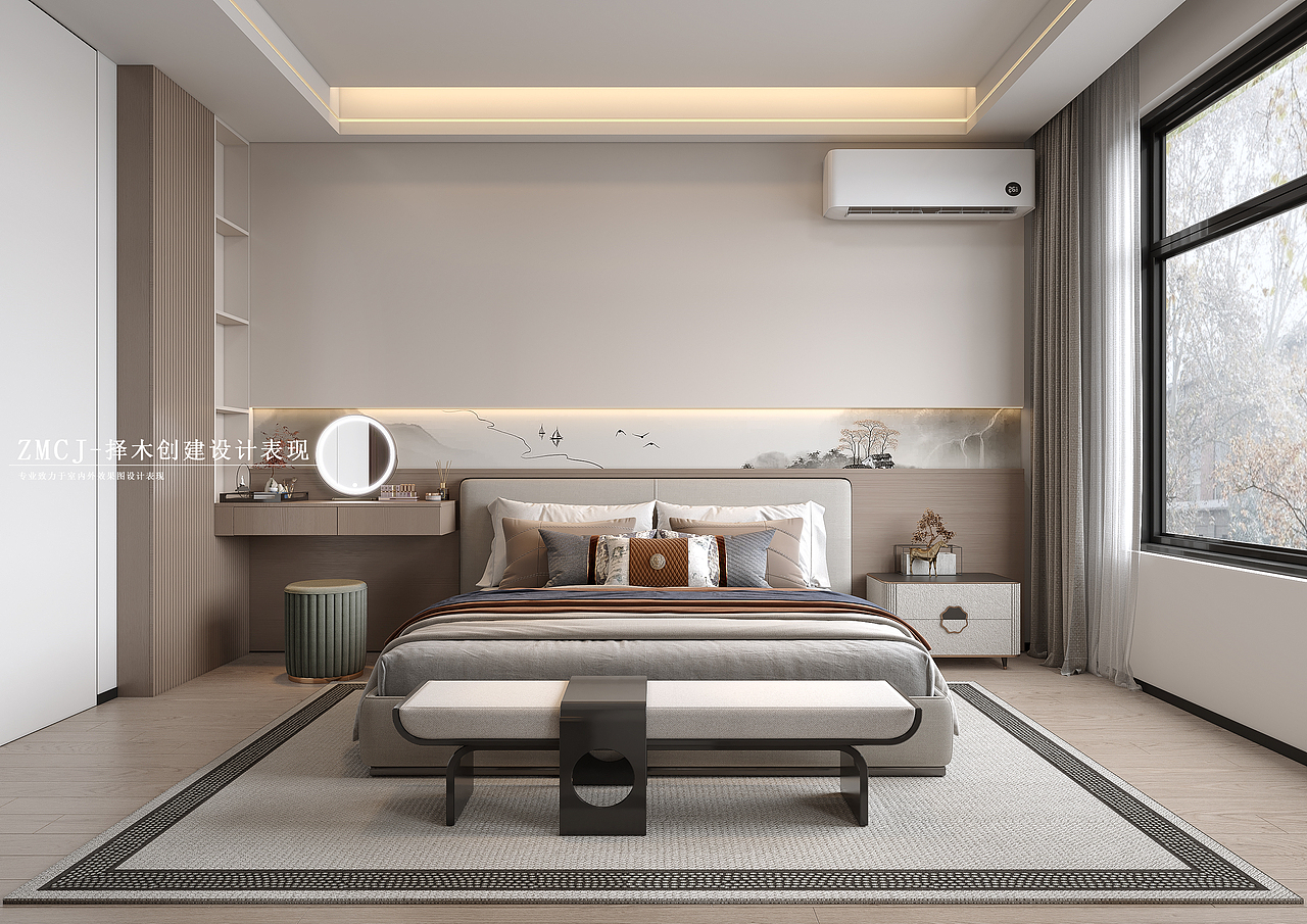 新中式卧室—择木创建新晨效果图