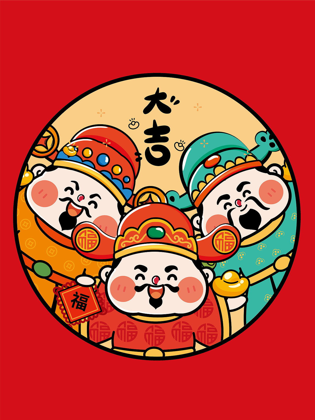3个小财神插画圆形装饰画徽章设计创意发财礼品