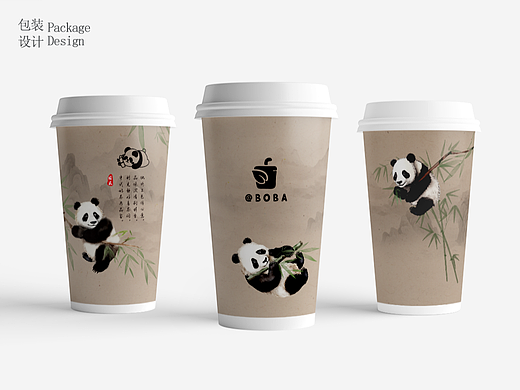 水彩熊猫插画在奶茶纸杯包装上的应用