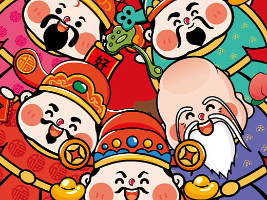 财神原创卡通形象插IP设计财神发财五路财神福禄寿喜财
