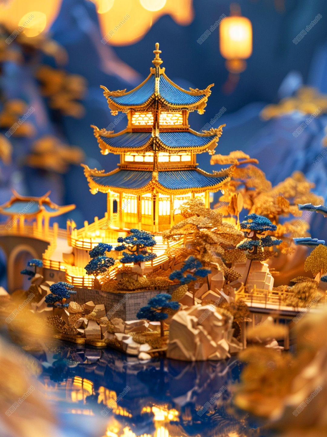 国潮素材 | 国潮山水古风建筑素材-设图网