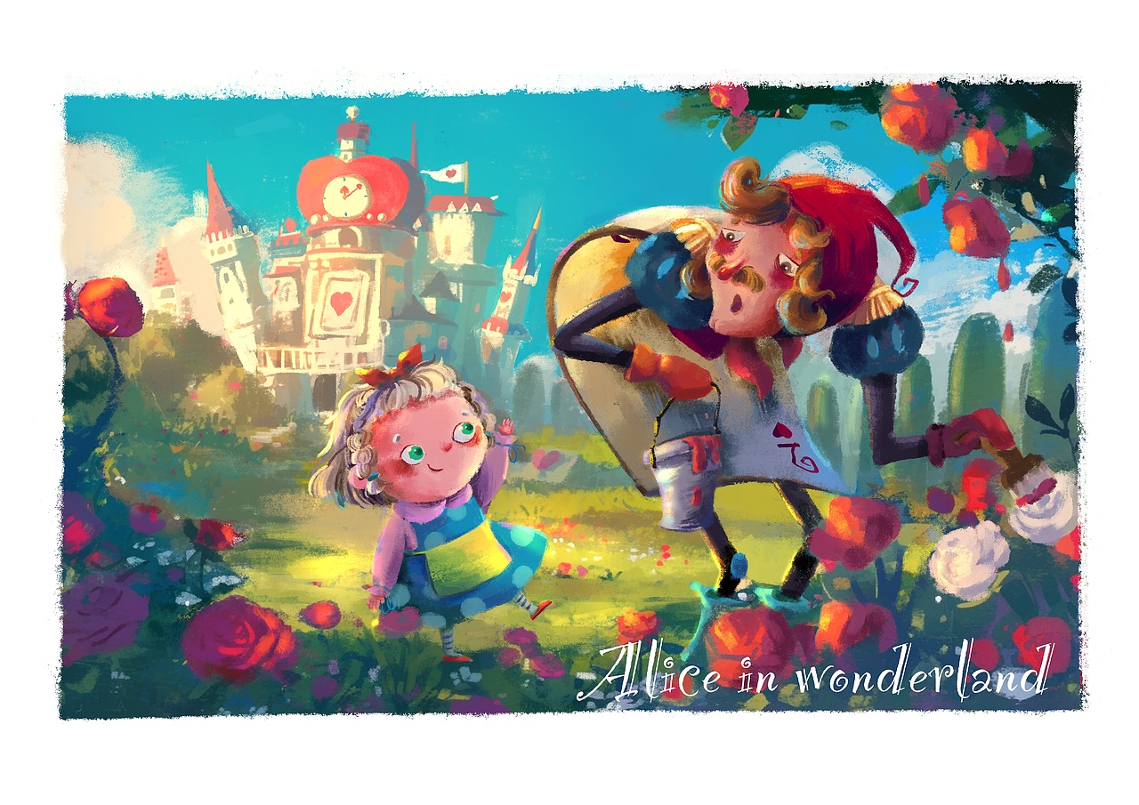 图三：习惯弯腰的园丁围着一株玫瑰趴着，他们背上的图案和这副纸牌的其他成员一样，看不出这是个园丁，还是士兵，侍臣，或是她的孩子。