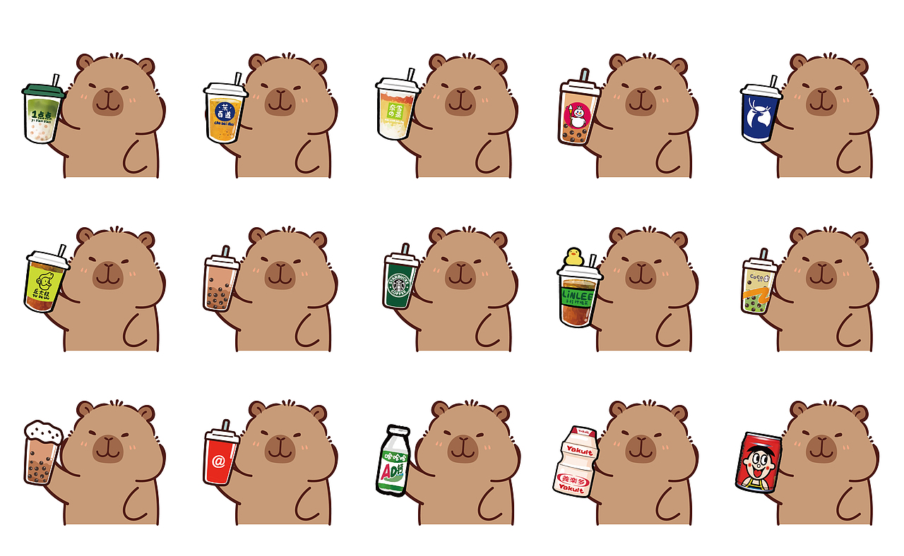 卡皮巴拉喝奶茶系列表情包插画卡通可爱