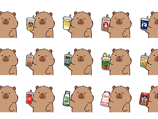 卡皮巴拉喝奶茶系列表情包插画卡通可爱