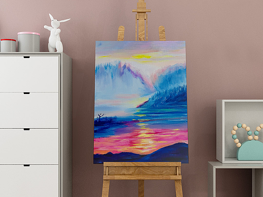 油画【日落的湖面】