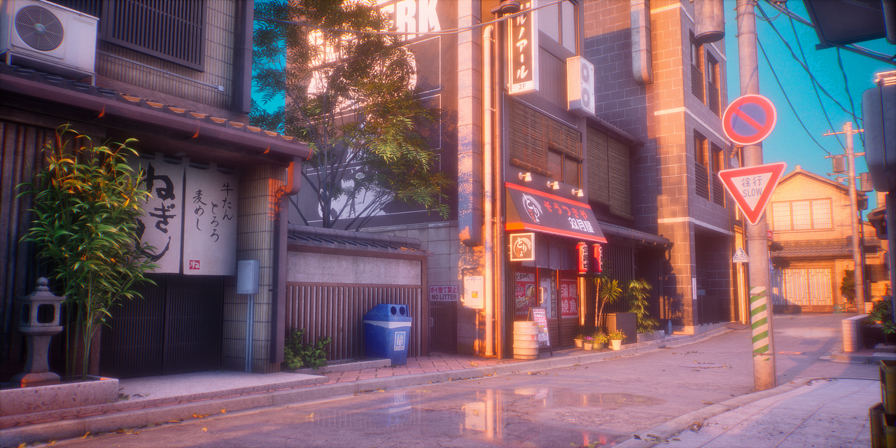 UE5动画风街道多时段灯光氛围场景