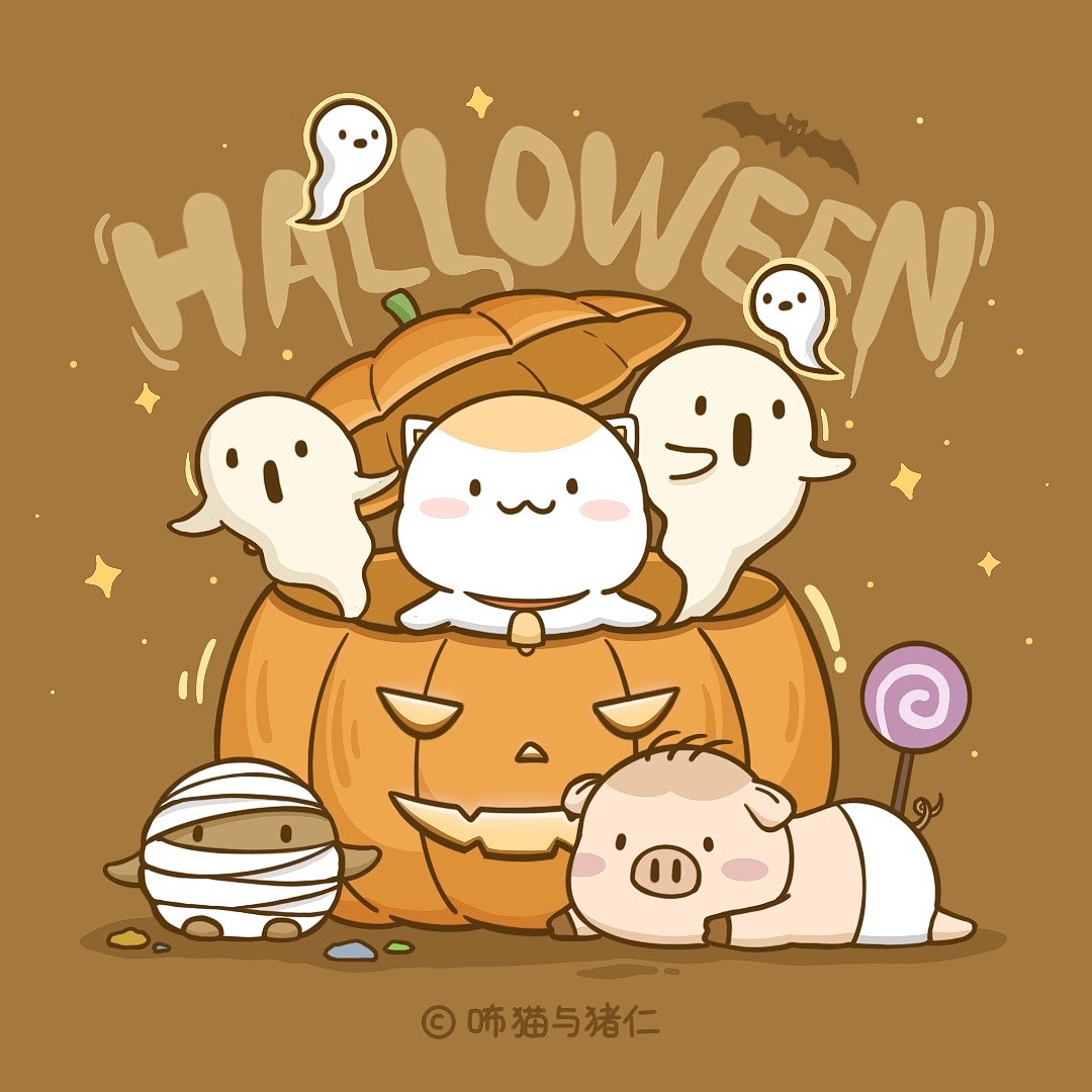 3张万圣节主题小插画 | 咘猫与猪仁（图ZMzgwMDA4ODE2） - IP形象 - 站酷设计师HekoLi原创素材 - 站酷ZCOOL