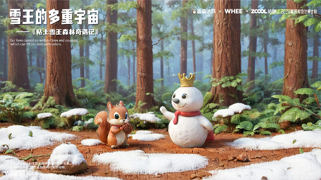 在森林深处，雪王意外遇到了一只活泼可爱的小松鼠，小松鼠和雪王分享美味的松果。