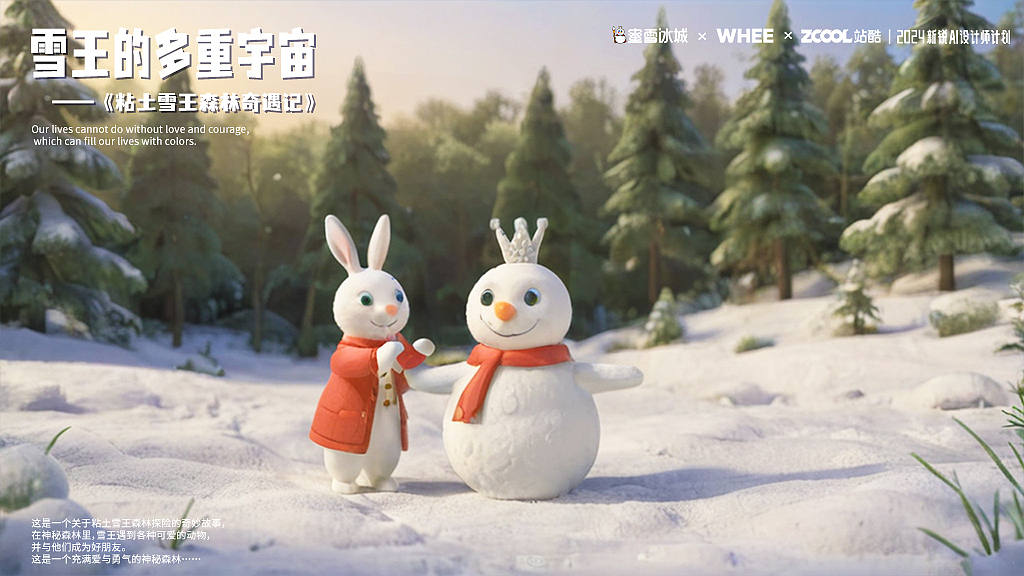 雪王在雪地里遇见一只正在玩耍的兔子，兔子对于这位陌生的客人充满了好奇。