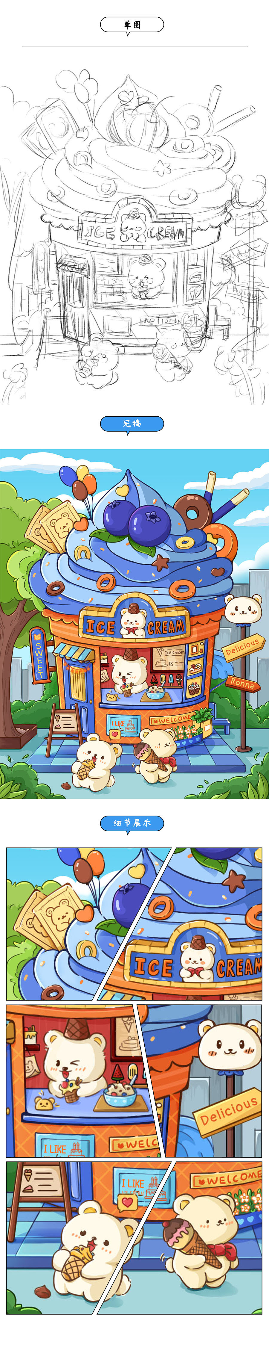 阿熊的冰淇淋店（图ZMzgwMTI2OTQ0） - 商业插画 - 站酷设计师Ronna容磨磨原创素材 - 站酷ZCOOL