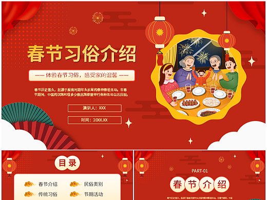 喜庆红色新年快乐春节习俗介绍课件PPT模板