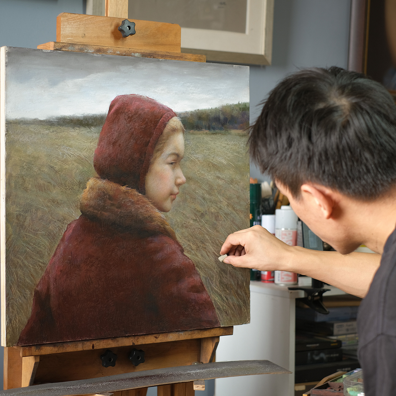 色粉画《红衣少女》