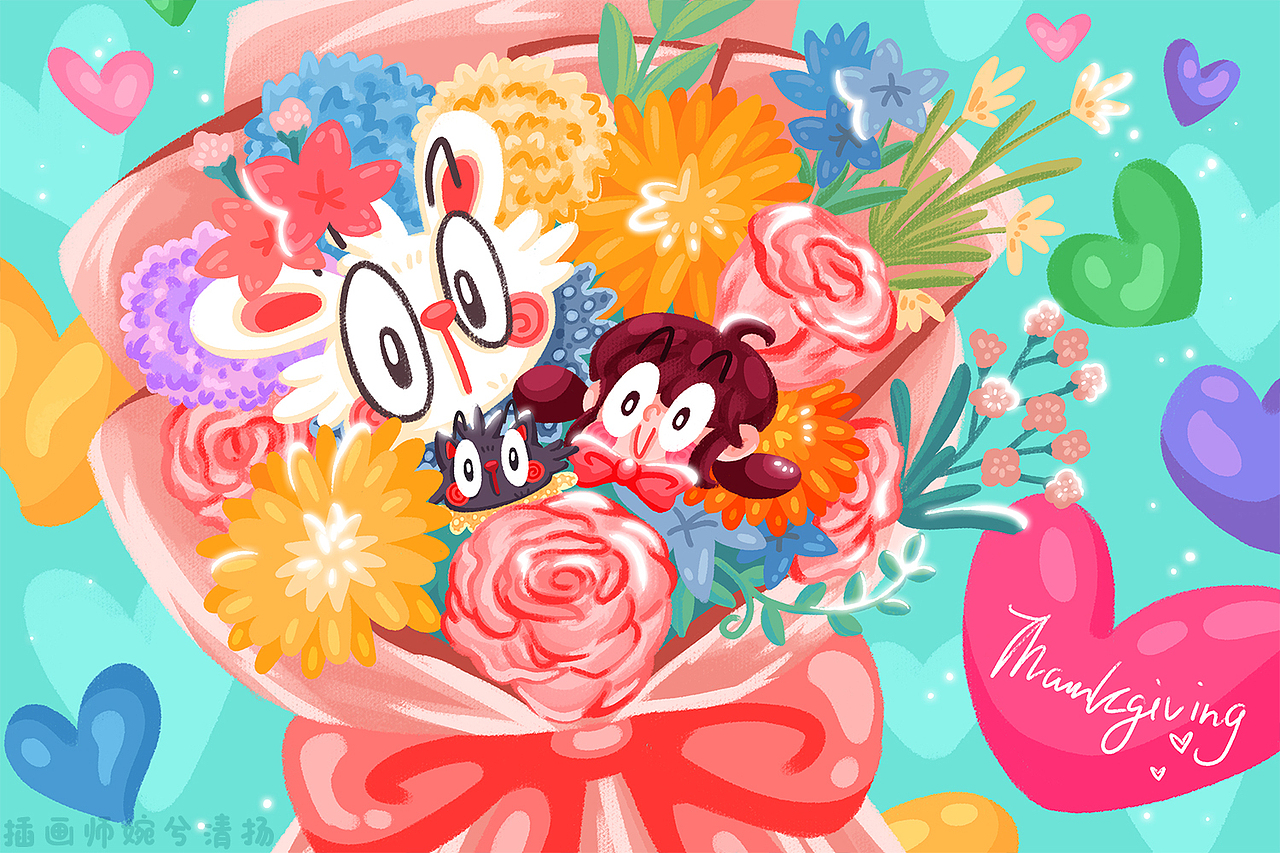 感恩节女孩兔子猫花朵