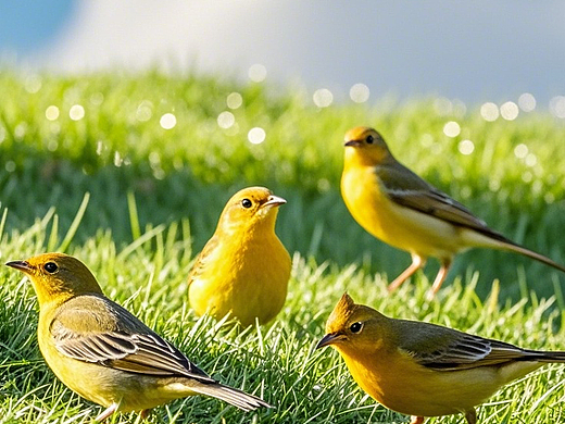 早晨的草坪和小鸟