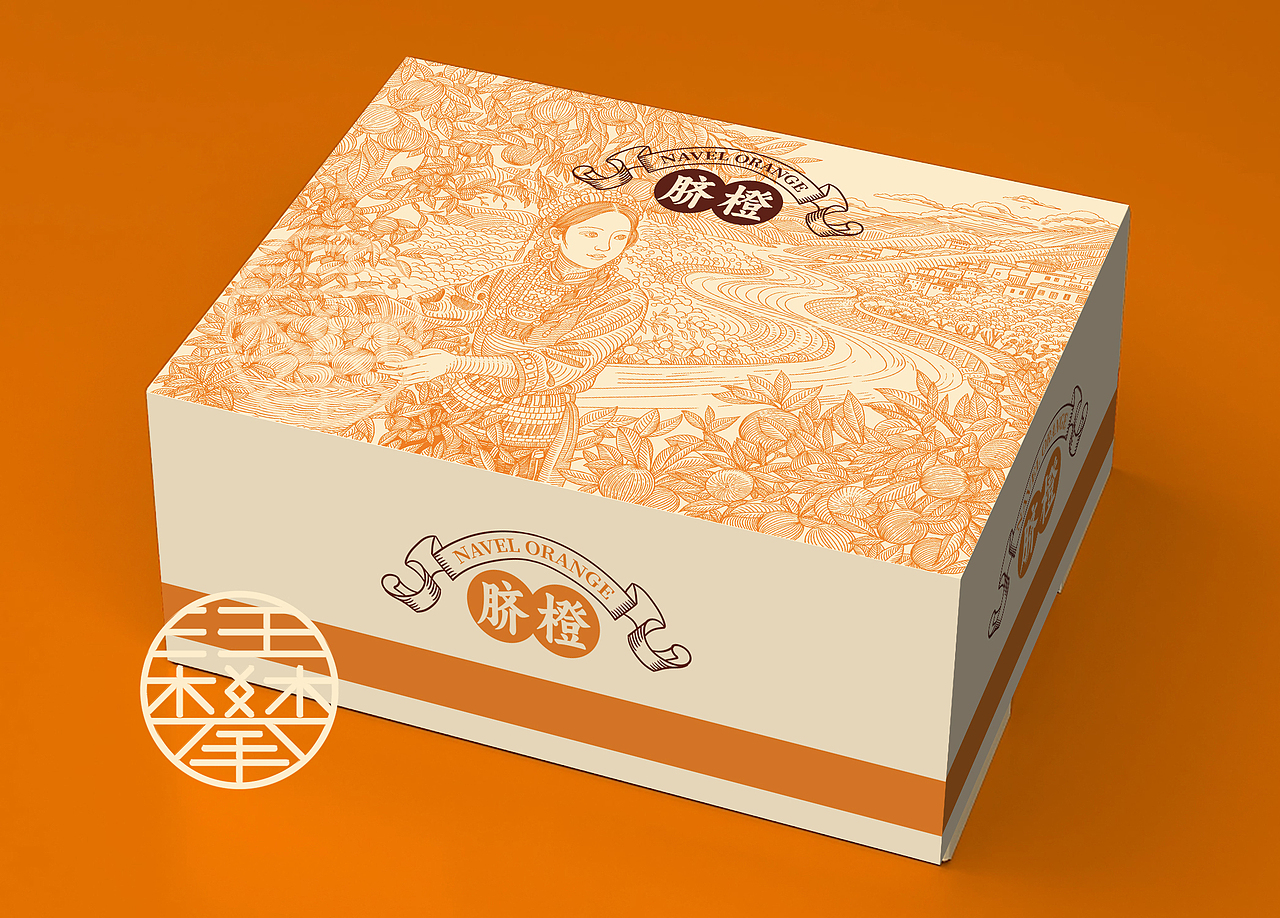 脐橙水果包装插画设计/版画风格