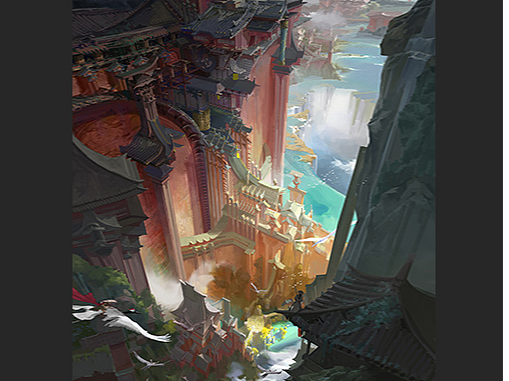 海畔仙影场景概念设计，纯手绘 古法工艺
