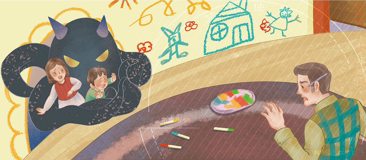 突然墙上画的门打开了,出来了一只怪兽把孩子们带走了