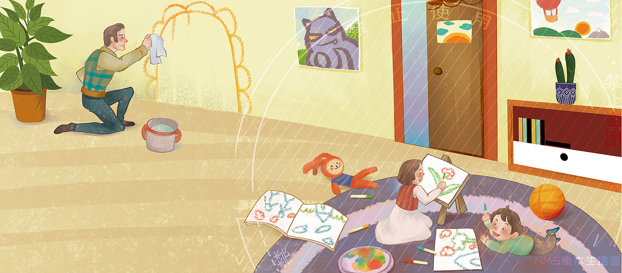 回到家的爸爸擦掉了涂鸦,经过魔法世界的冒险孩子们也改掉的乱涂乱画的习惯。