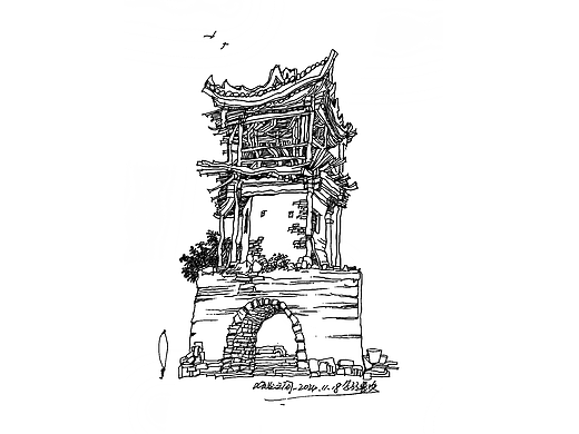 古塔钢笔速写，关于景观。