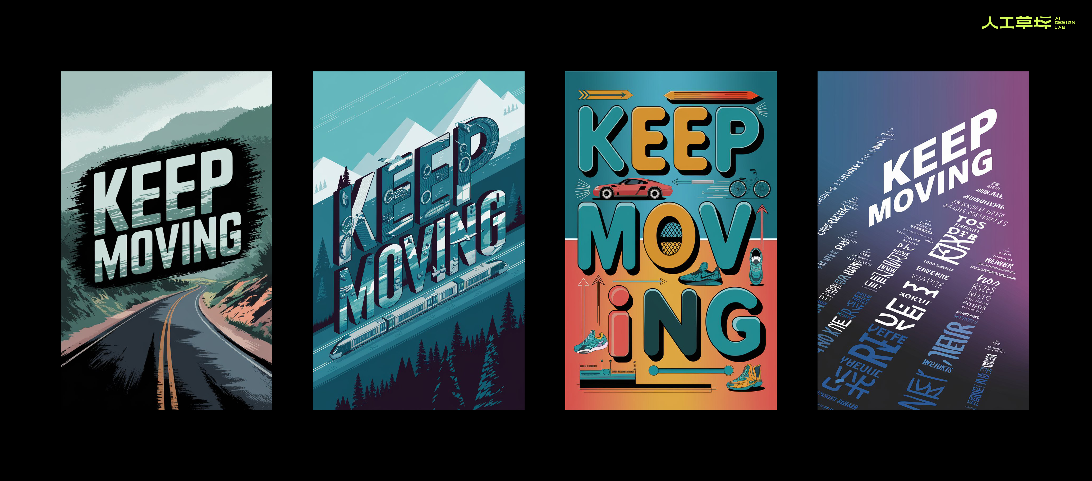 英文提示词：A Typography design of the text &quot;Keep moving&quot;