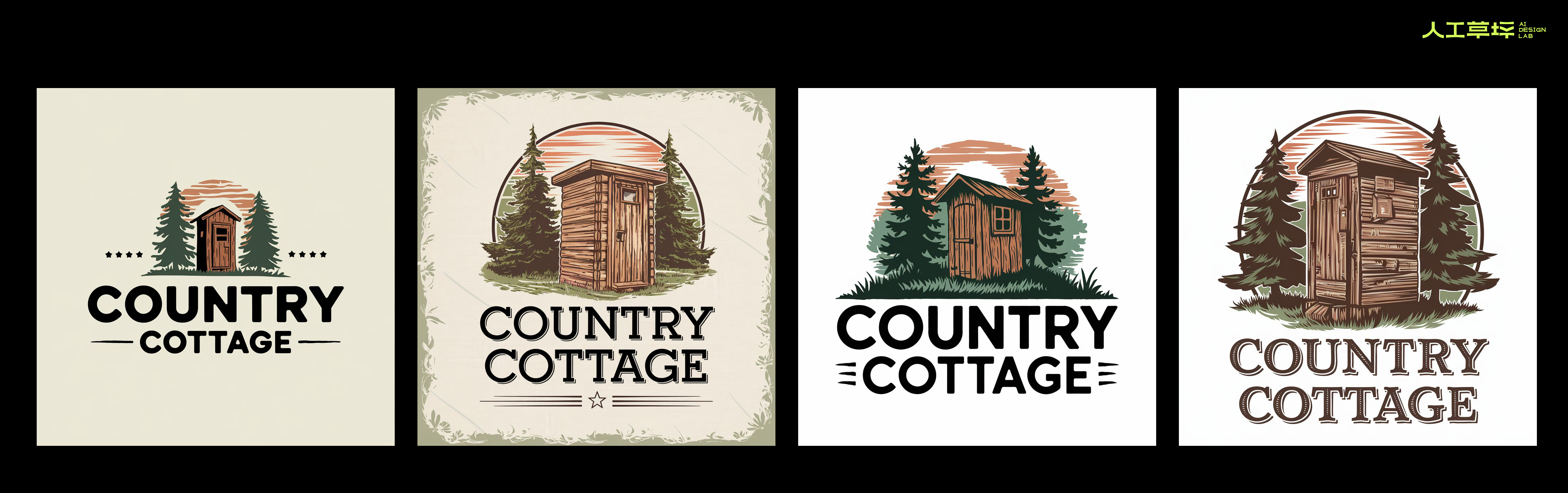 英文提示词：Create a vintage-inspired logo for a brand named &#39;Country Cottage’ featuring a rustic outdoor scene. The main element is a wooden outhouse with detailed wood textures, positioned between two large evergreen trees. Place a sunrise or sunset sky in the background, with soft orange and green hues to create a natural feel. Use bold, uppercase font for &#39;Country Cottage&#39; in black, positioned below with two horizontal lines extending on each side. Aim for an illustrative, hand-drawn style with earthy colors to evoke a classic American outdoors vibe.