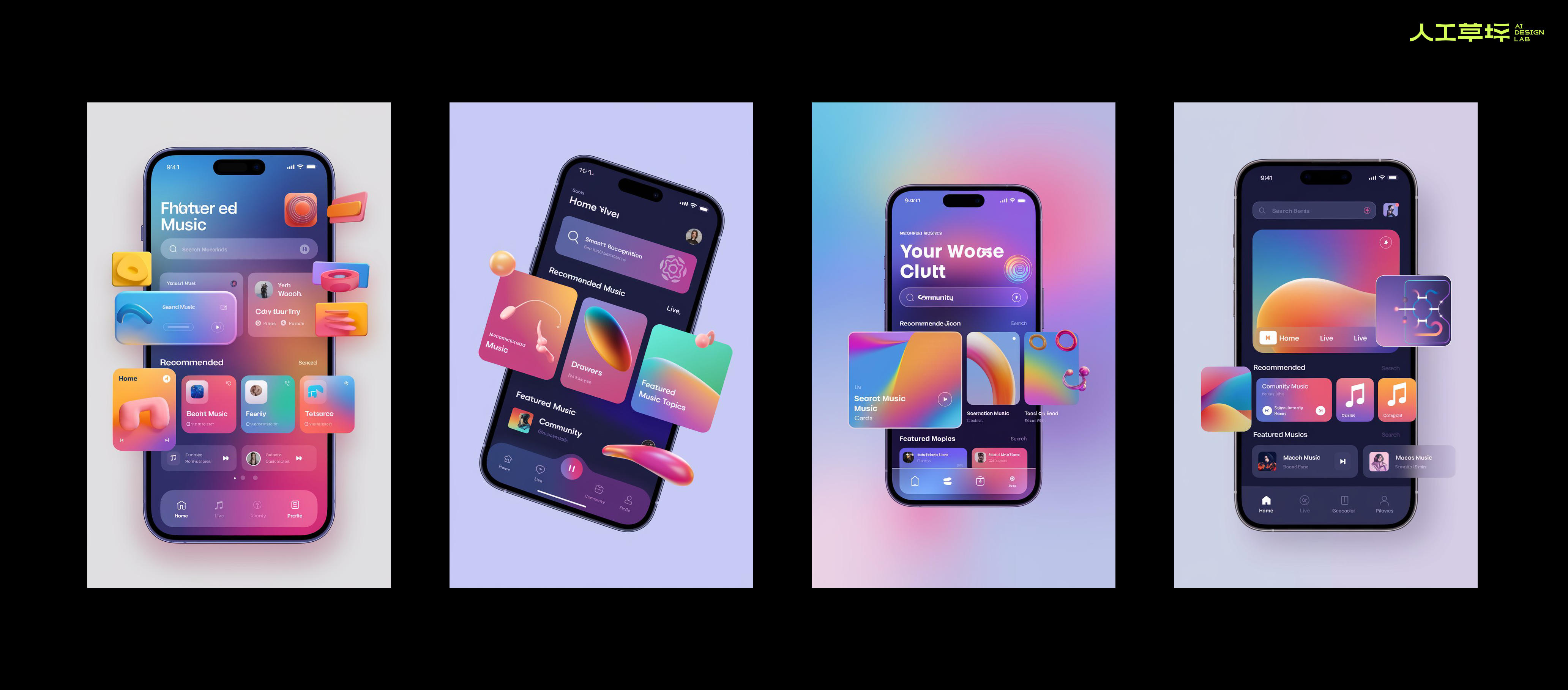 英文提示词：Design a homepage for a mobile music app, displayed on an iPhone 15 mockup. At the bottom of the page, there are four tabs: &quot;Home,&quot; &quot;Live,&quot; &quot;Community,&quot; and &quot;Profile.&quot; At the top is a navigation bar, followed by a search bar with a smart music recognition icon on the right. Below the search bar are a series of recommended music cards, drawers, and some featured music topics. The overall page has a modern feel, utilizing numerous 3D-styled windows and skeuomorphic icons inspired by macOS Big Sur. Bright gradient colors are used to give the interface a youthful and energetic vibe.