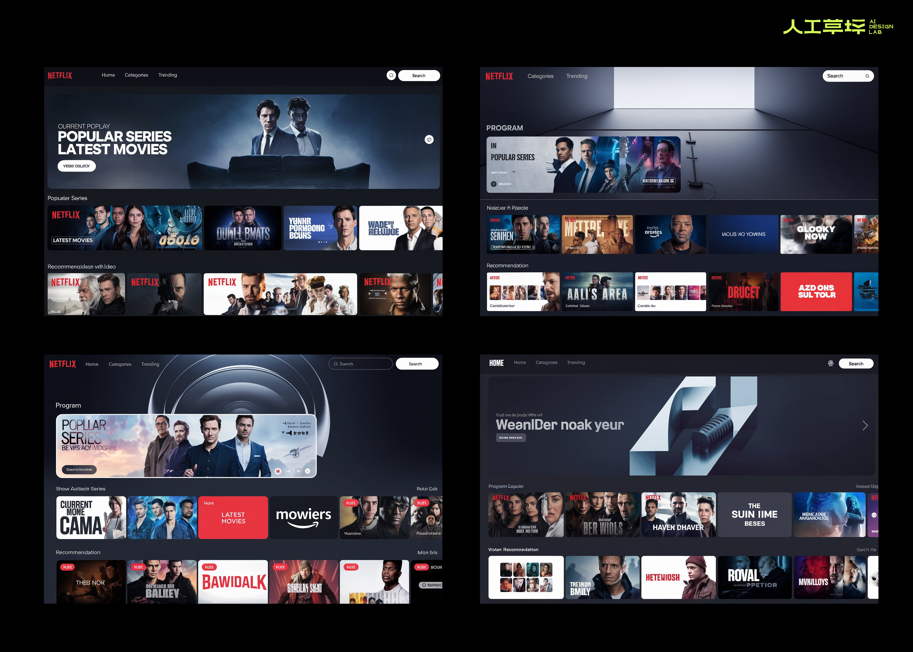 英文提示词：Design a homepage interface suitable for a PC-based video website. The top of the page should include a navigation bar area with core options such as &quot;Home&quot; &quot;Categories&quot; &quot;Trending&quot; and a prominent search button. Below the navigation bar, place a large program carousel poster that showcases current popular series, the latest movies, and platform-recommended content. The middle and lower parts of the page display various types of content recommendation sections. The overall page style adopts a design similar to Netflix or Amazon Prime Video, featuring an immersive dark color scheme, paired with simple lines and visually striking image elements, creating a visual experience that coexists with modernity and sophistication, allowing users to focus on the content itself and enjoy a smooth viewing experience.