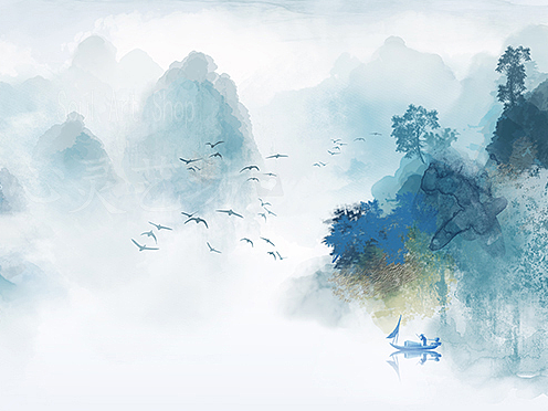 水彩意境山水画