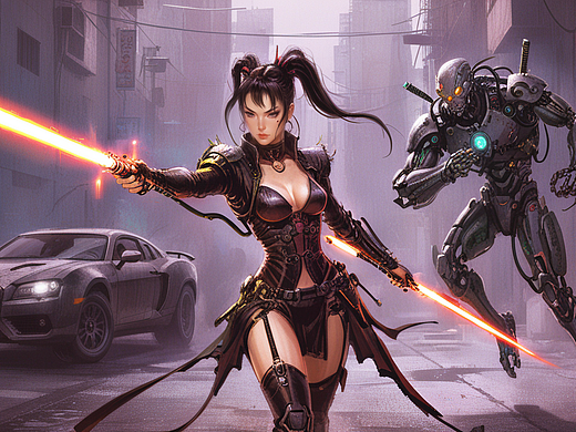 未来光剑女武士和机器助手