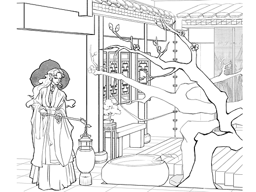 「月下回廊」 场景透视创作线稿