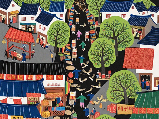 农民画古镇生活场景热闹市集赶集