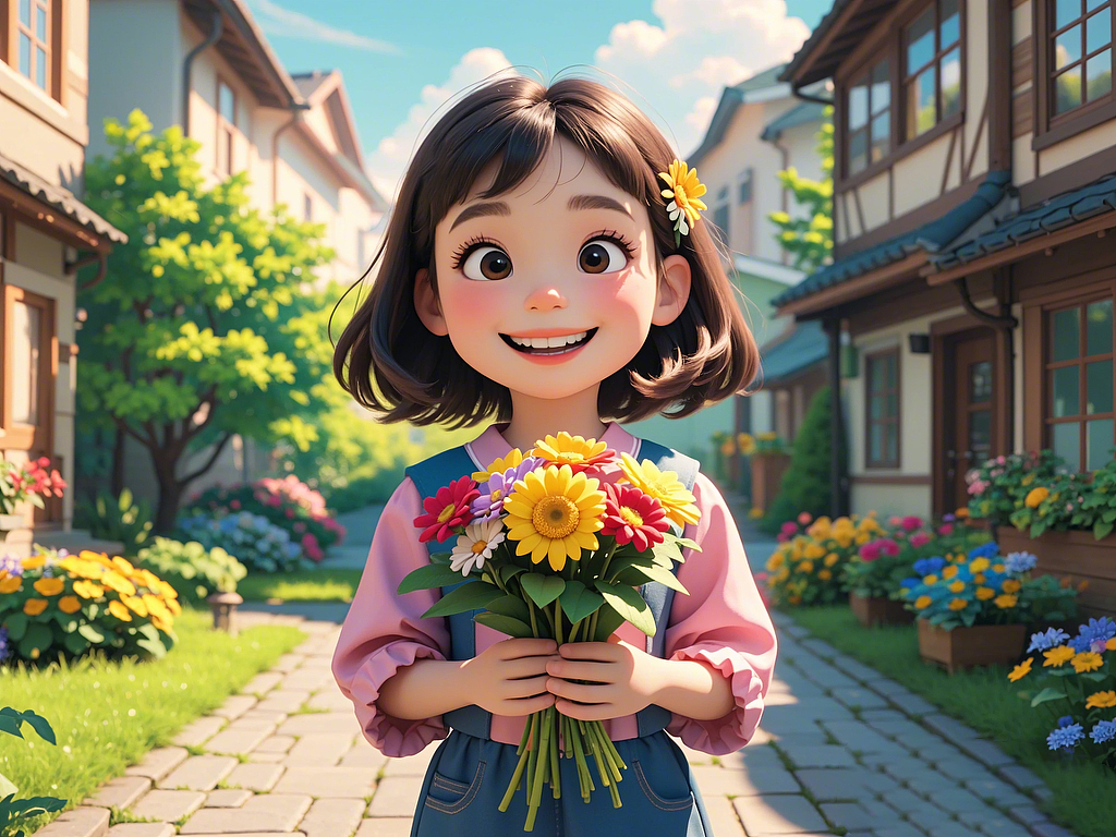 手捧鲜花的小女孩