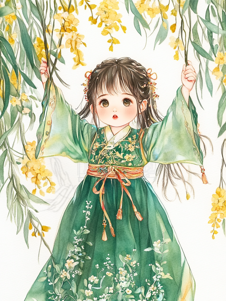 水彩-树下汉服小女孩1