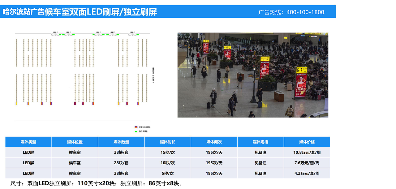 哈尔滨站广告--候车室双面LED刷屏/独立刷屏