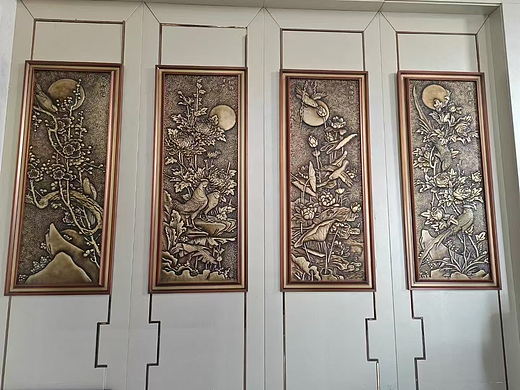手工锻铜浮雕梅兰竹菊壁画 立体3D黄铜做旧浮雕壁画