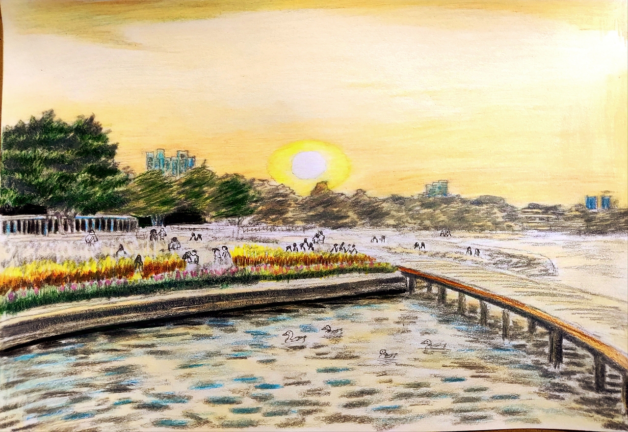 A4手绘:20241007-傍晚的海珠湖