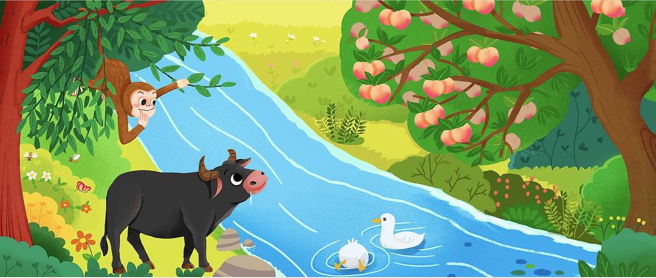 猴子水牛的故事绘本插画（图ZMzgyMDQ3NDQ0） - 绘本 - 站酷设计师曾嘉和尚尚原创素材 - 站酷ZCOOL