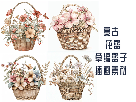 复古花篮草编篮子素材
