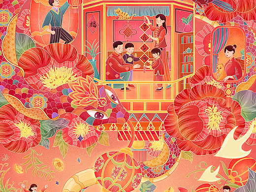 2025蛇年新年主题插画【瑞蛇送福-新春大吉】
