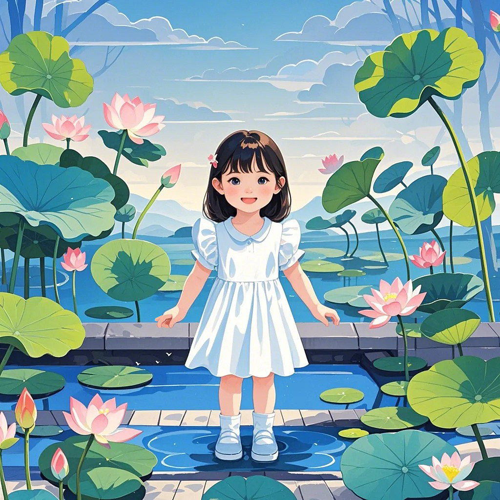 卡通风格夏日荷花小女孩