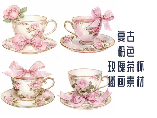 复古粉色蝴蝶结玫瑰茶杯插画素材