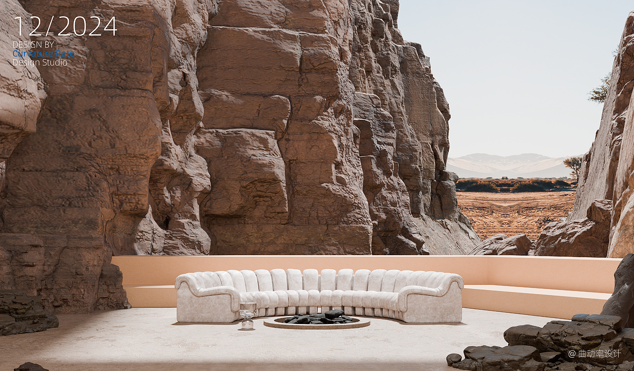 “戈壁浩瀚,风沙漫漫,其中置一沙发,犹如霜雪凝就,孤高清绝,于苍凉之地平添一抹不染尘埃之雅韵”