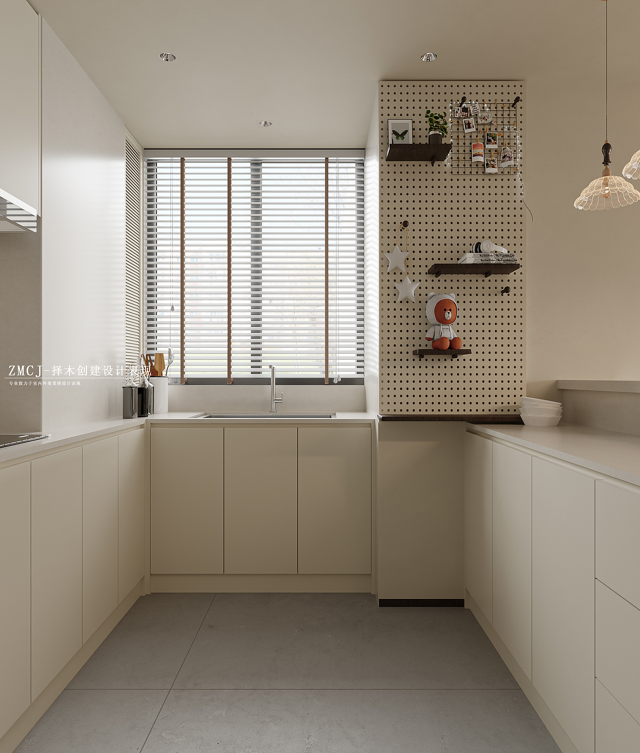 奶油极简客餐厅开放厨房—择木创建新晨效果图