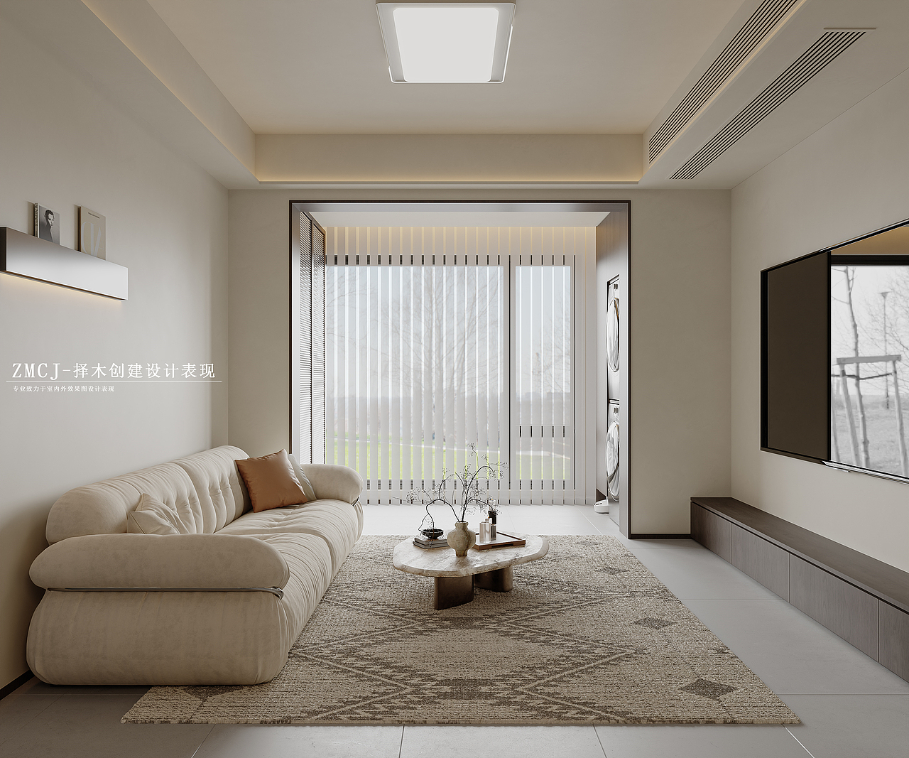 奶油极简客餐厅开放厨房—择木创建新晨效果图