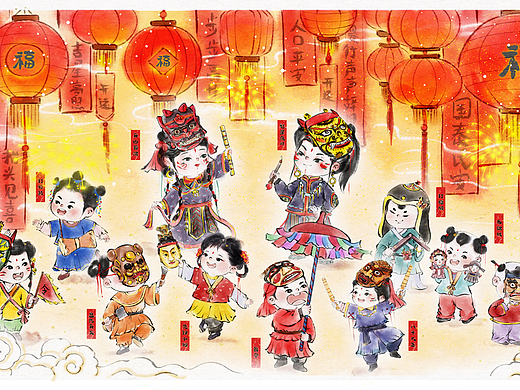 非遗文化|傩面傩戏Q版水墨古风插画