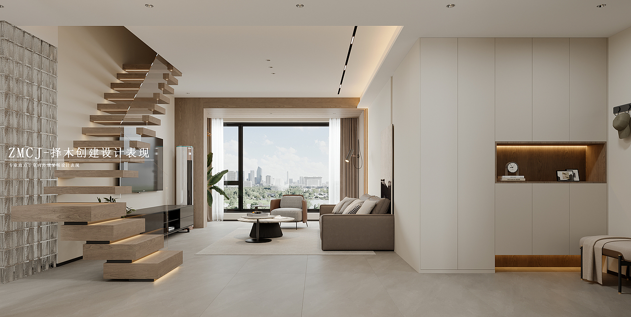 现代简约顶楼复式客餐厅（图ZMzgyNDE1OTI0） - 家装设计 - 站酷设计师择木新晨效果图原创素材 - 站酷ZCOOL