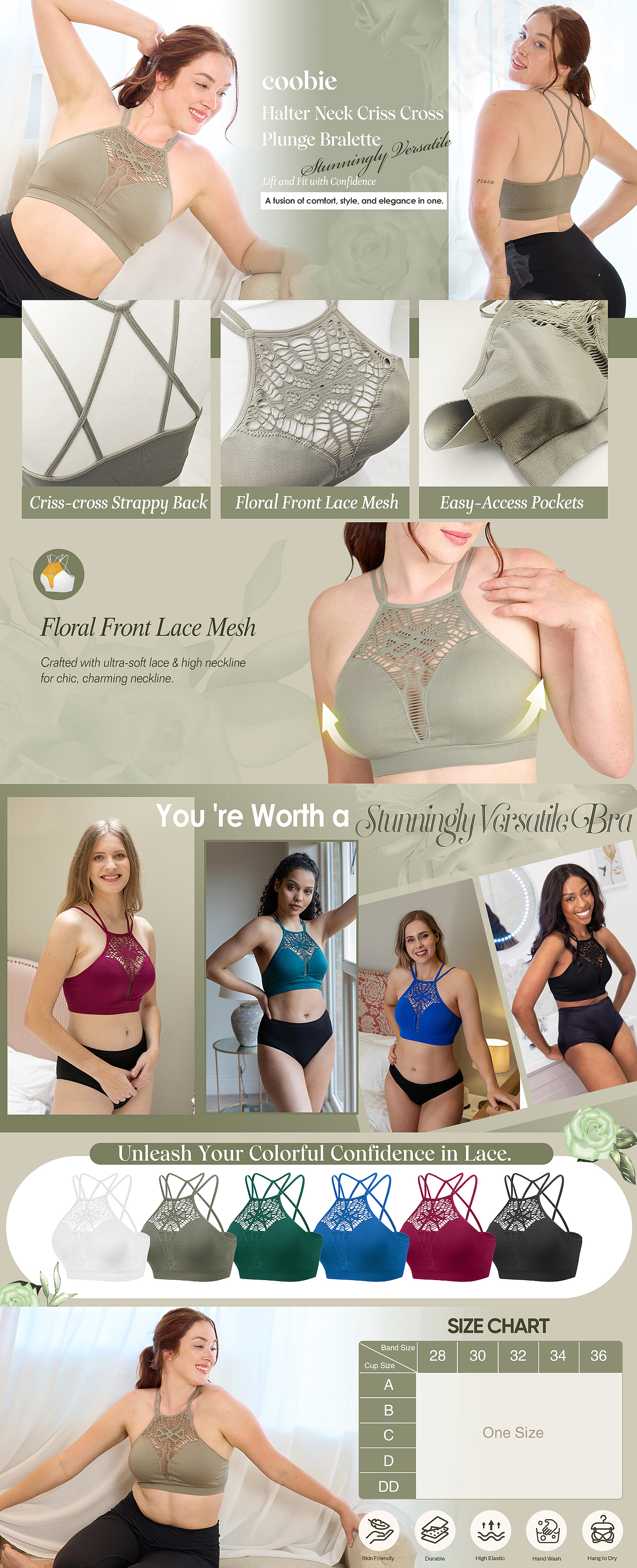 挂脖式交叉深 V 领文胸美国站亚马逊主副图A+设计